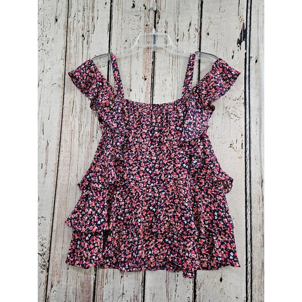 Michael Kors Floral Ruffle Top Womens Medium Navy Pink Tiered Cold Shoulder Boho